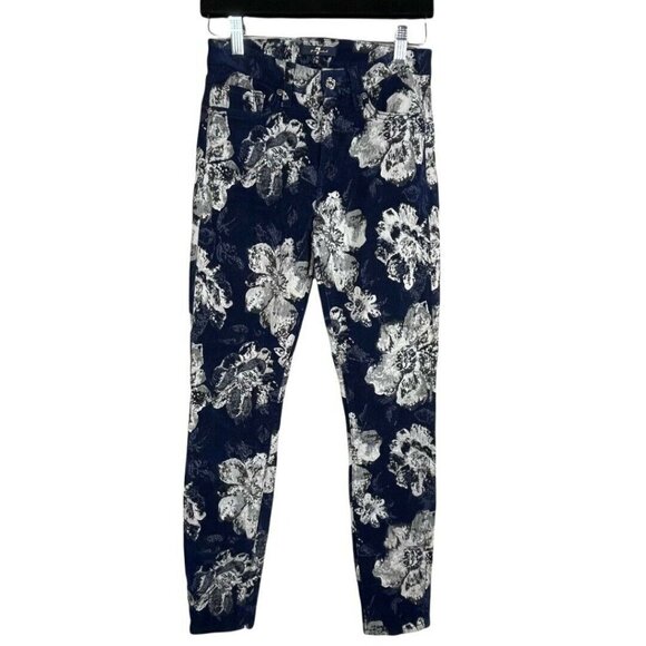 7 for all Mankind Size 25 Blue White Floral Ankle Skinny Textured Pants Stretch - Picture 1 of 8